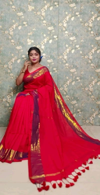 Golden Tissue Zari Border Cotton Saree  - Red