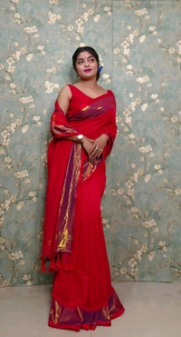 Golden Tissue Zari Border Cotton Saree  - Red