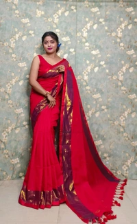 Golden Tissue Zari Border Cotton Saree  - Red