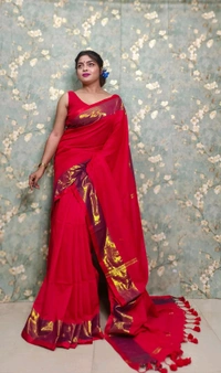 Golden Tissue Zari Border Cotton Saree  - Red