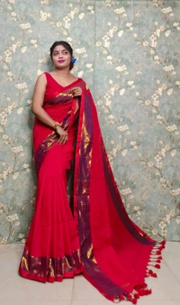 Golden Tissue Zari Border Cotton Saree  - Red