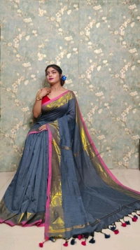 Golden Tissue Zari Border Cotton Saree  - Gray