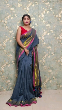 Golden Tissue Zari Border Cotton Saree  - Gray