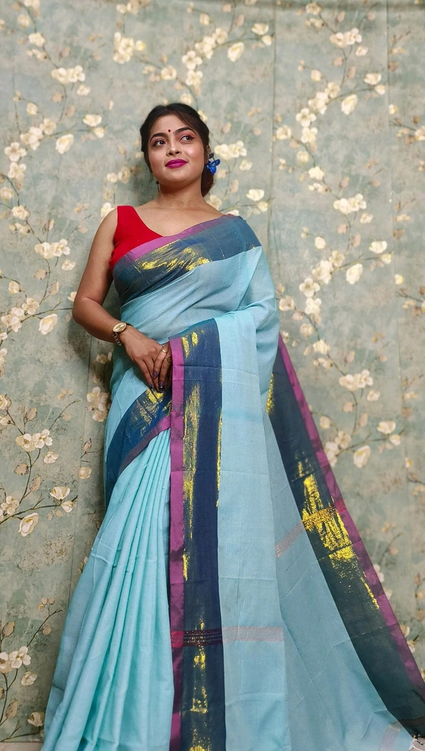 Golden Tissue Zari Border Cotton Saree  - Aqua