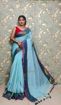 Golden Tissue Zari Border Cotton Saree  - Aqua