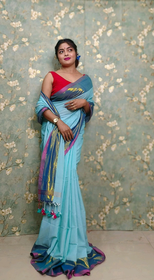 Golden Tissue Zari Border Cotton Saree  - Aqua
