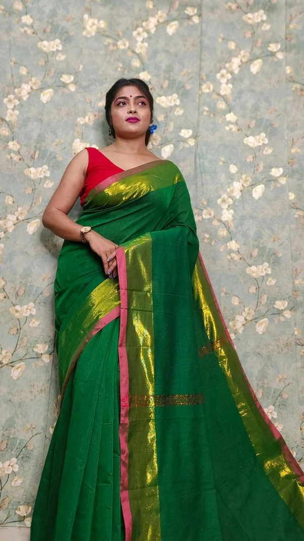 Golden Tissue Zari Border Cotton Saree  - Green