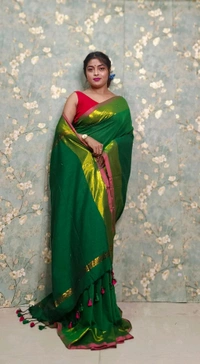 Golden Tissue Zari Border Cotton Saree  - Green
