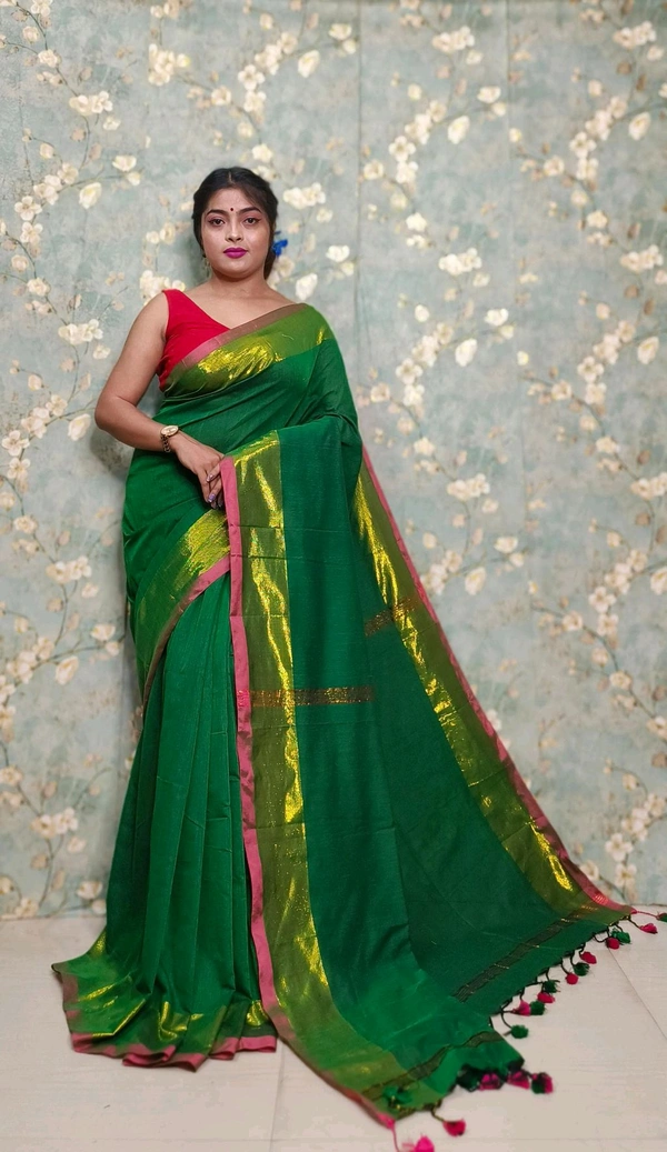 Golden Tissue Zari Border Cotton Saree  - Green