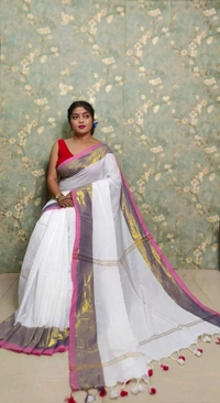 Golden Tissue Zari Border Cotton Saree  - White