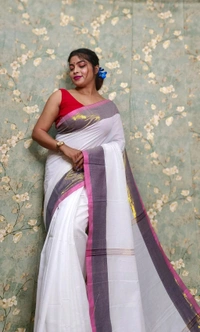 Golden Tissue Zari Border Cotton Saree  - White