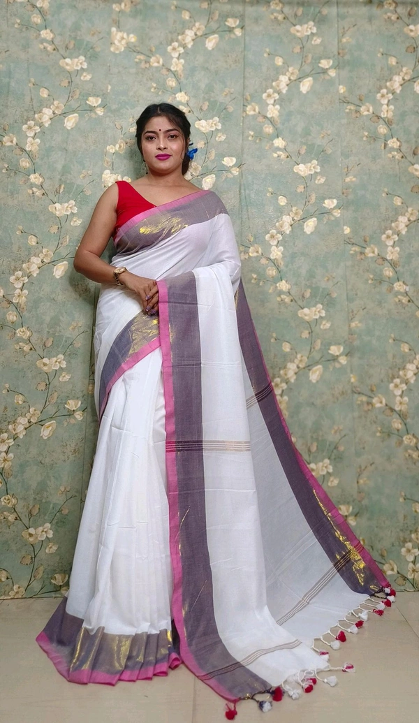 Golden Tissue Zari Border Cotton Saree  - White