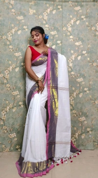 Golden Tissue Zari Border Cotton Saree  - White