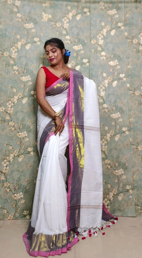 Golden Tissue Zari Border Cotton Saree  - White