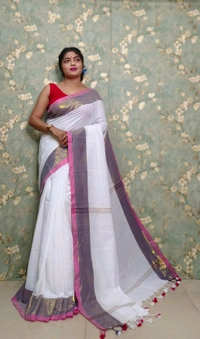Golden Tissue Zari Border Cotton Saree  - White