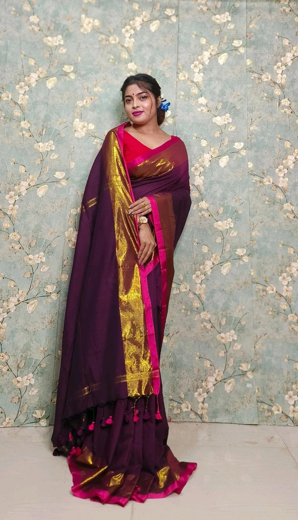Golden Tissue Zari Border Cotton Saree  - Cardinal Pink
