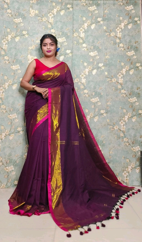 Golden Tissue Zari Border Cotton Saree  - Cardinal Pink