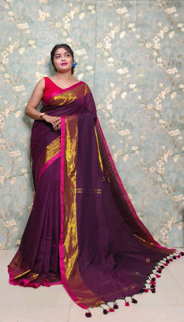 Golden Tissue Zari Border Cotton Saree  - Cardinal Pink