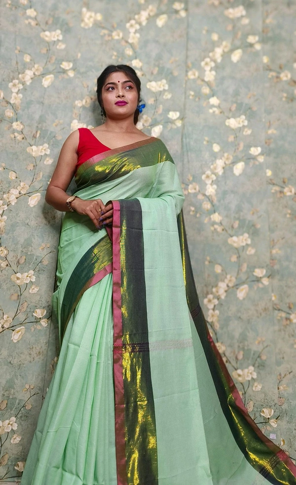 Golden Tissue Zari Border Cotton Saree  - Mint Green