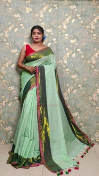 Golden Tissue Zari Border Cotton Saree  - Mint Green