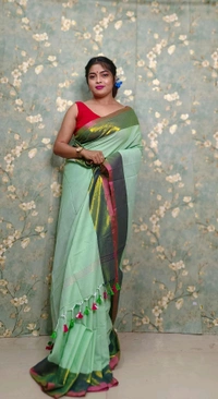 Golden Tissue Zari Border Cotton Saree  - Mint Green