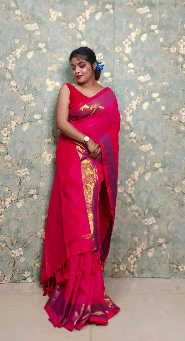 Golden Tissue Zari Border Cotton Saree  - Purple