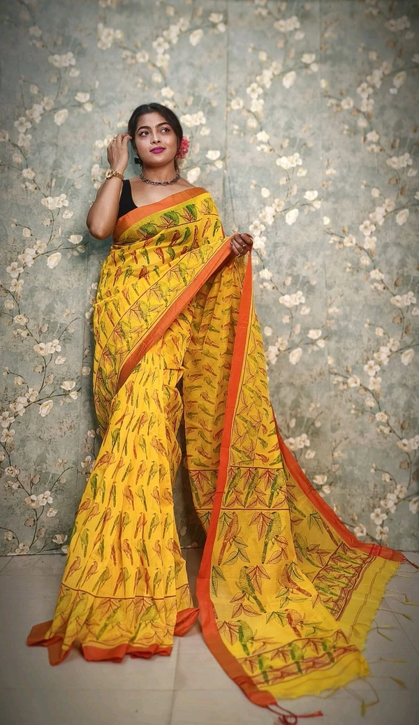 Bird Motive Digital Printed Saree  - Sun Yellow