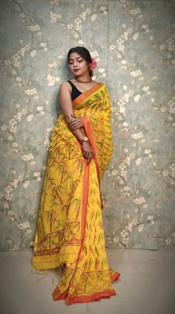 Bird Motive Digital Printed Saree  - Sun Yellow