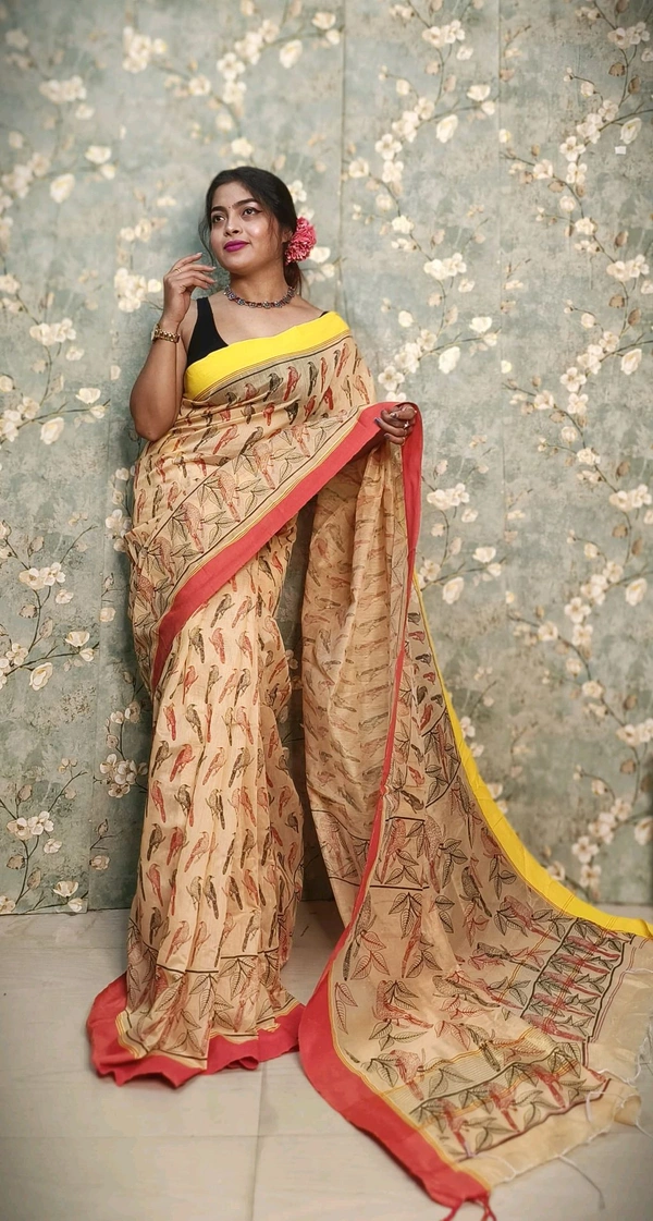 Bird Motive Digital Printed Saree  - Buttermilk