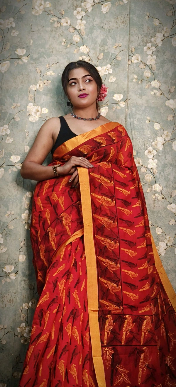 Bird Motive Digital Printed Saree  - Red