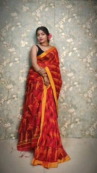 Bird Motive Digital Printed Saree  - Red
