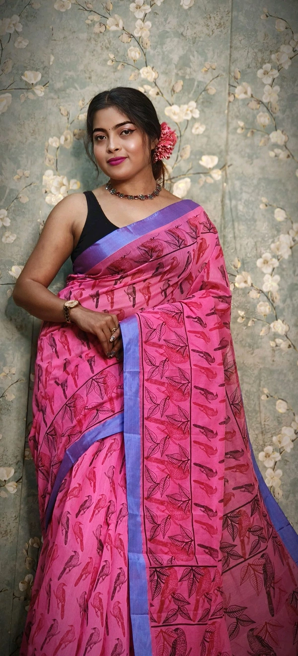 Bird Motive Digital Printed Saree  - Pink