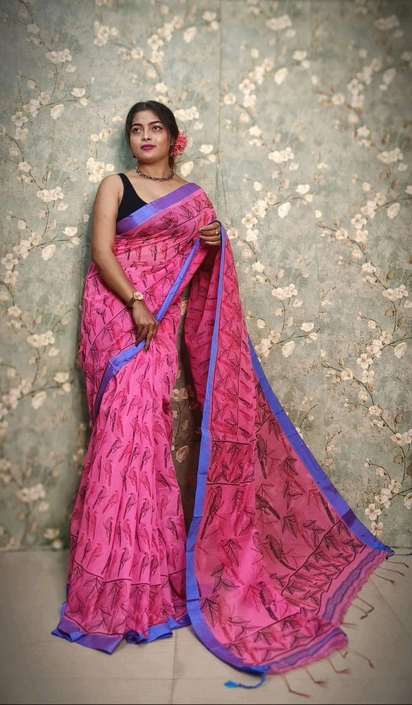 Bird Motive Digital Printed Saree  - Pink