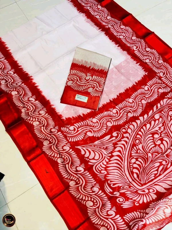 Silk Linen Naksha Pallu Saree - White & Red