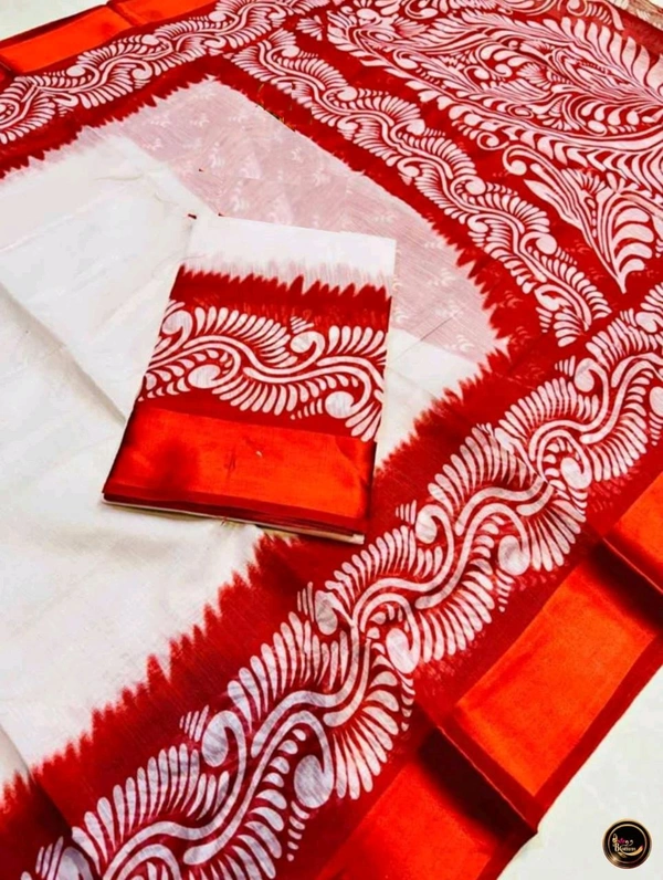 Silk Linen Naksha Pallu Saree - White & Red