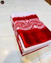 Silk Linen Naksha Pallu Saree - White & Red