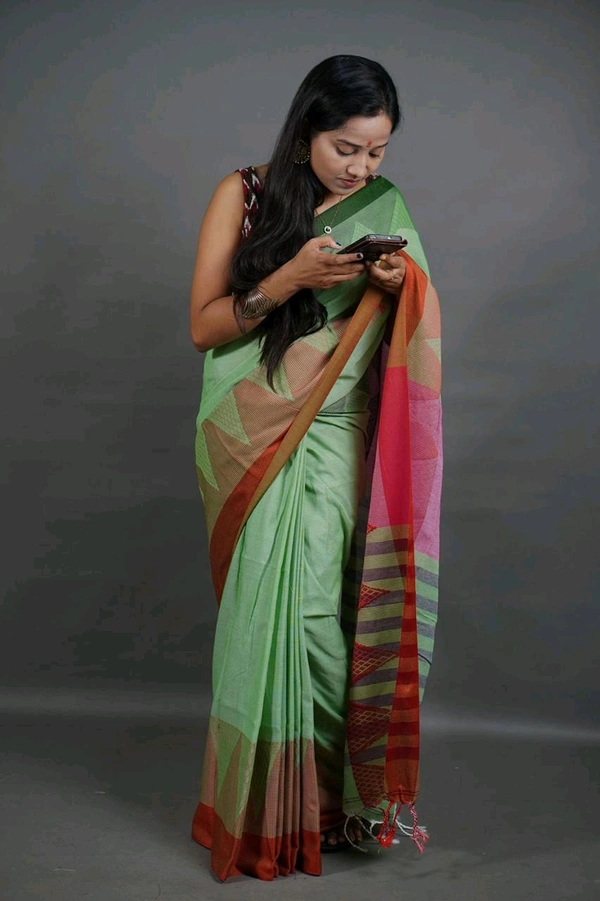 Temple Border Cotton Saree - Mint Green