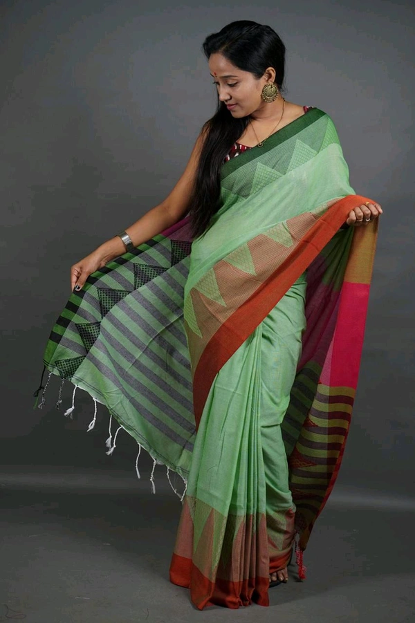 Temple Border Cotton Saree - Mint Green