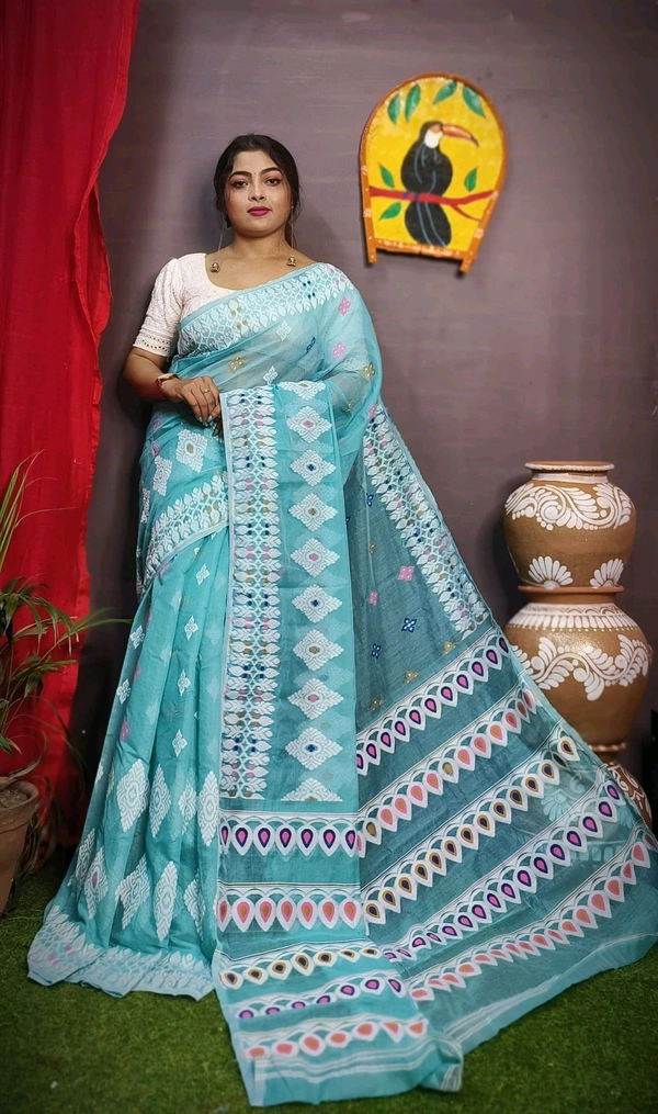 Handloom Minakari Pata Jamdani  - Cyan Blue