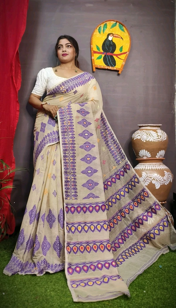 Handloom Minakari Pata Jamdani  - Cream