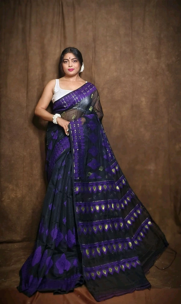 Handloom Minakari Pata Jamdani  - Navy Blue