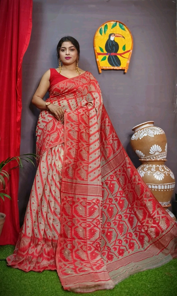 Handloom Soft Traditional Jamdani  - Cream Red