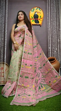 Mina Woven Soft Handloom Jamdani - Cream & Pink