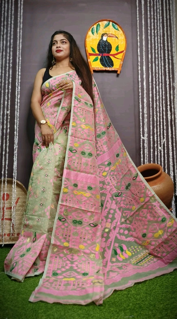 Mina Woven Soft Handloom Jamdani - Cream & Pink