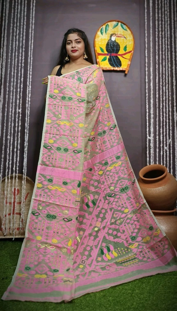 Mina Woven Soft Handloom Jamdani - Cream & Pink