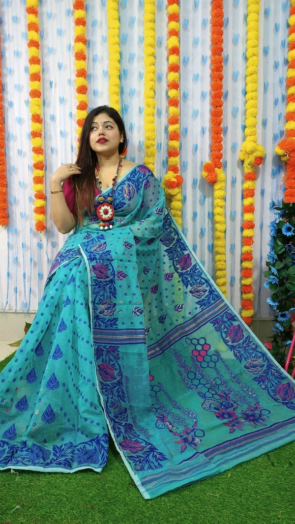 Handloom Soft Traditional Jamdani  - Dodger Blue