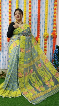 Handloom Soft Traditional Jamdani  - Olive