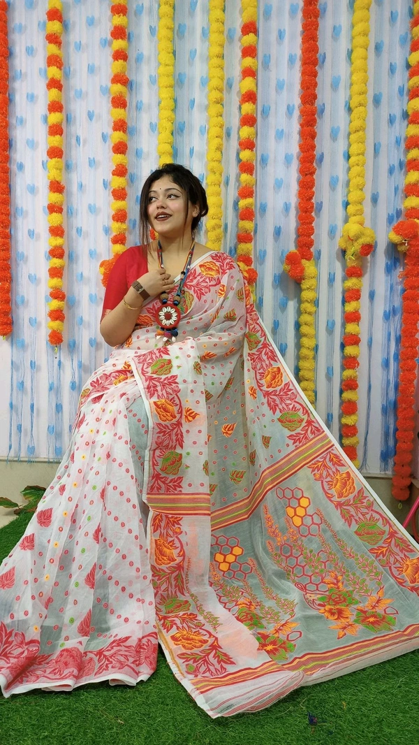 Handloom Soft Traditional Jamdani  - White