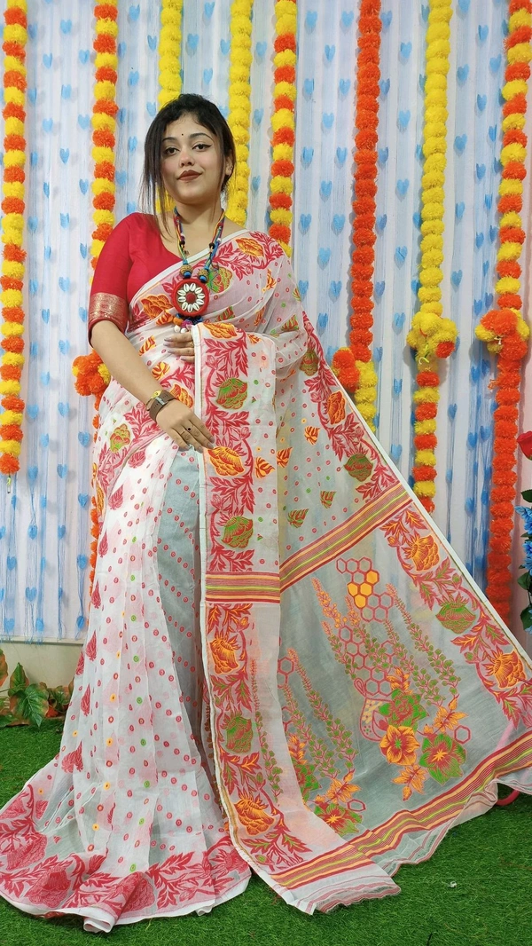 Handloom Soft Traditional Jamdani  - White