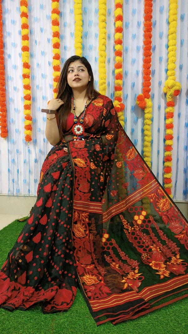 Handloom Soft Traditional Jamdani  - Black